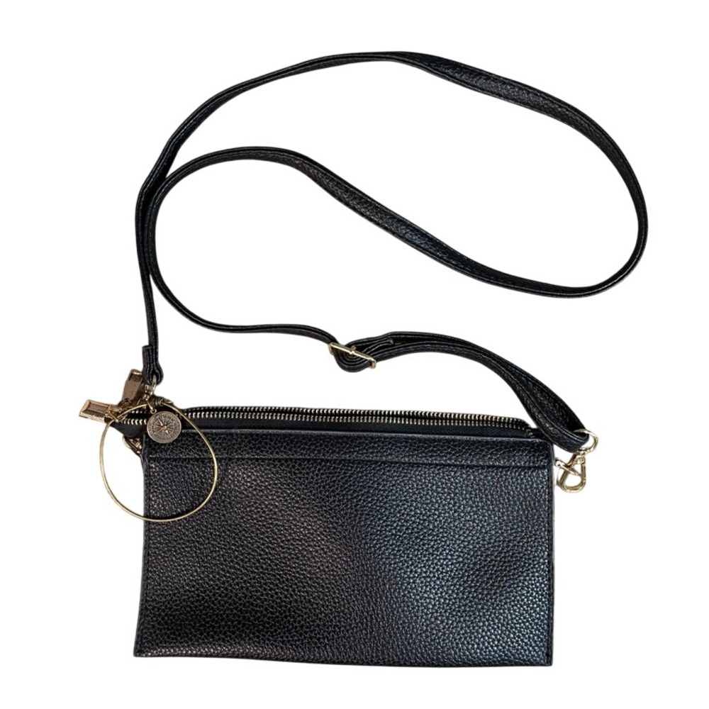 Alex and Ani Black Pebbled Crossbody Bag True Direction Compass Charm Gold Tone
